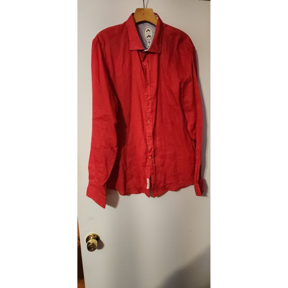 Ganesh Men's Linen Shirt Size XL Solid Red Button Up  Long Sleeve